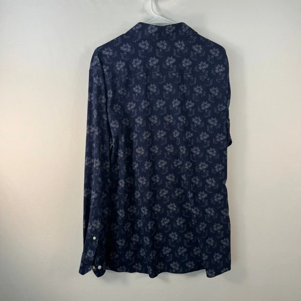 Hart Schaffner Marx Mens Large Navy Blue Floral Stretch Long Sleeve Button Shirt
